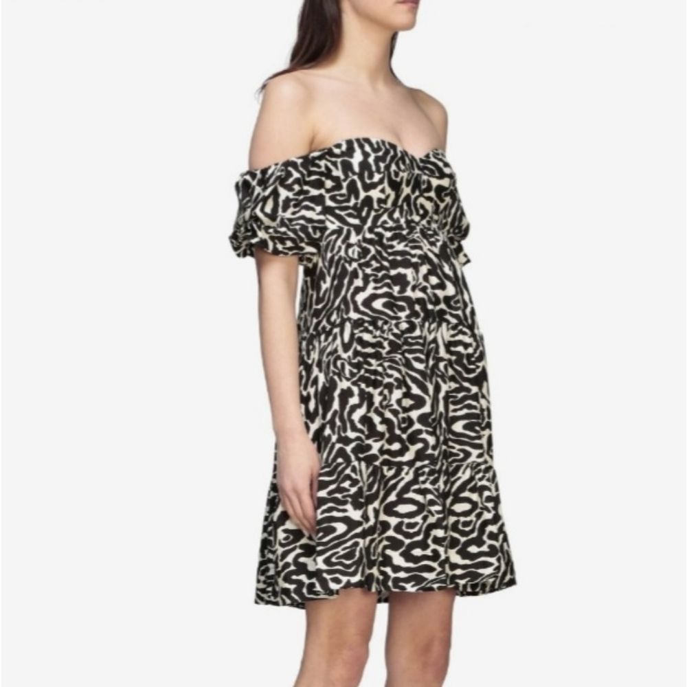 PINKO LINEN AND VISCOSE PRINTED OFF THE SHOULDERS FLAIR DRESS